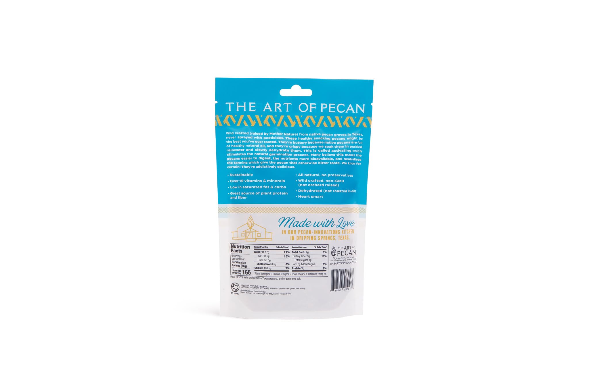 AOP Sea Salt Activated Native Texas Pecans, naturally crunchy, soaked and dehydrated, very low sugar premium snack. Non-GMO, Gluten-Free, Vegan
