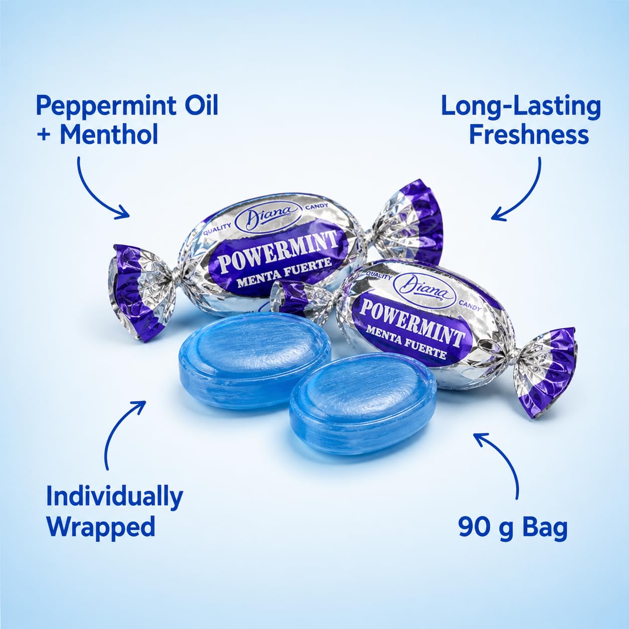 Diana Power Mint - Powerful Breath Mints Individually Wrapped - 90g Hard Candy Pouch (Pack of 4)