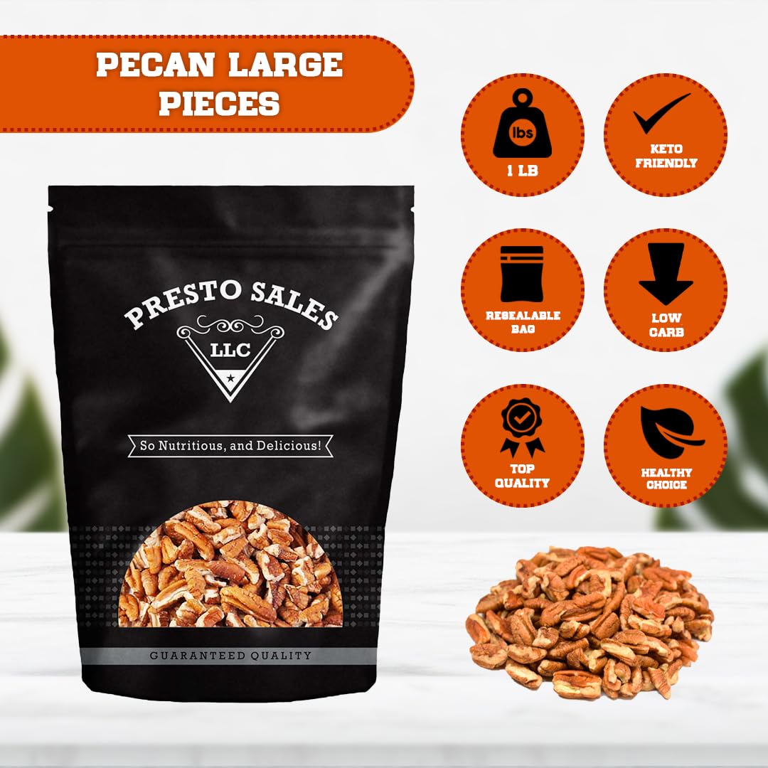Presto Sales Pecan Large Pieces 16 oz | Raw, Unsalted, Natural | Non-GMO, Keto/Paleo, Vegan | Resealable 1 lb Bag