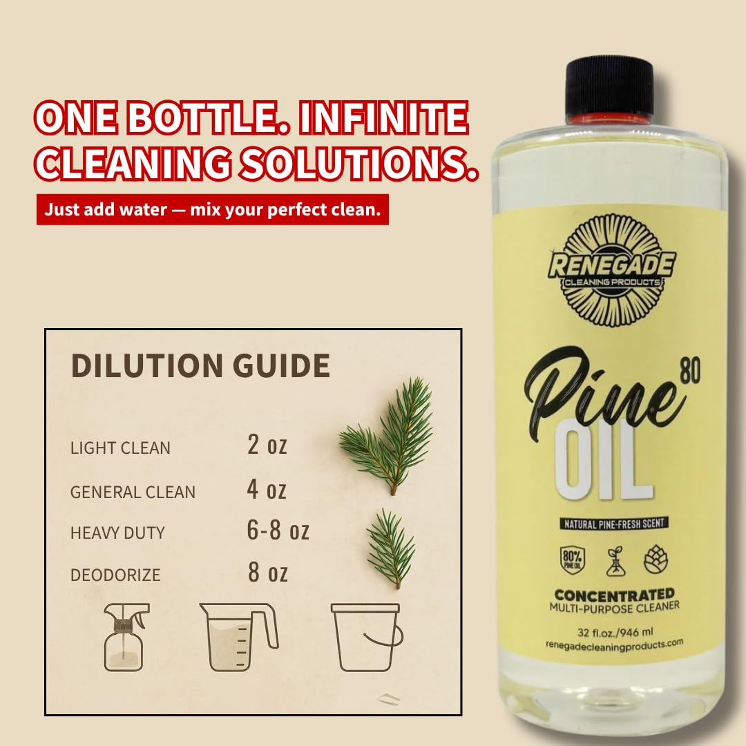 Renegade Cleaning Products Pine Oil 80 Concentrated Floor & Surface Cleaner - Multi-Purpose Pine Scent Degreaser for Home & Commercial Use (32 OZ)