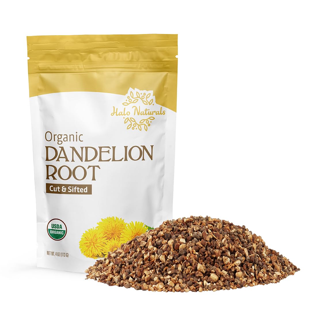 Halo Naturals Organic Dandelion Root Cut & Sifted, 4 Ounces (Taraxacum officinale) USDA Certified | Resealable Pouch| Packaged in The USA
