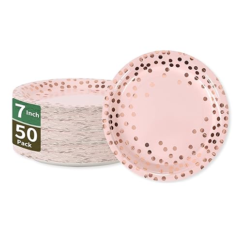 CENLBJ Pink & Rose Gold Dots Party Paper Plates, 50 PCS Disposable Party Supplies Dessert Paper Plates for Birthday Wedding Bridal Shower Supplies (7