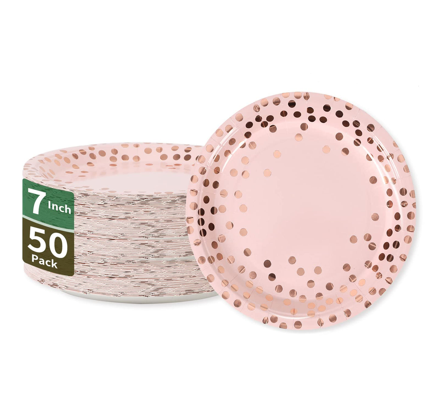 CENLBJ Pink & Rose Gold Dots Party Paper Plates, 50 PCS Disposable Party Supplies Dessert Paper Plates for Birthday Wedding Bridal Shower Supplies (7