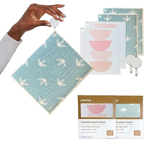 Papaya Reusable Paper Towels, Premium Swedish Dishcloths with Hook, Non-Scratch Reusable Paper Towel, 1 Sheet Replaces 17 Rolls - 4 Sheets, 2 Hooks