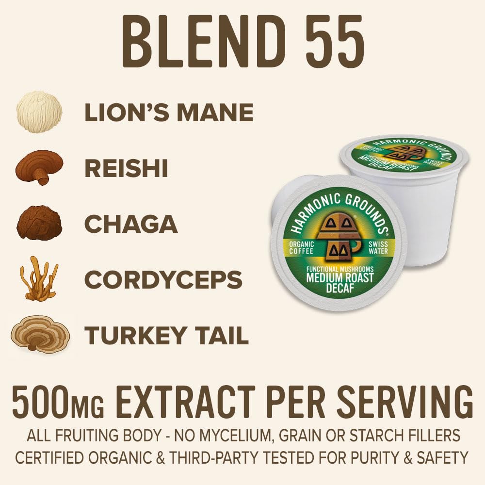 Harmonic Grounds Organic Decaf Mushroom Coffee Pods - Swiss Water Process, Medium Roast with Lion's Mane, Reishi, Chaga, Cordyceps & Turkey Tail