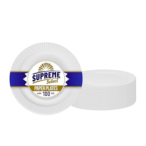 Supreme Select Disposable Paper Plates in Bulk [Set of 100 | 6 inch] Uncoated White Large Plate - Ideal for Birthday Parties, Weddings, Thanksgiving