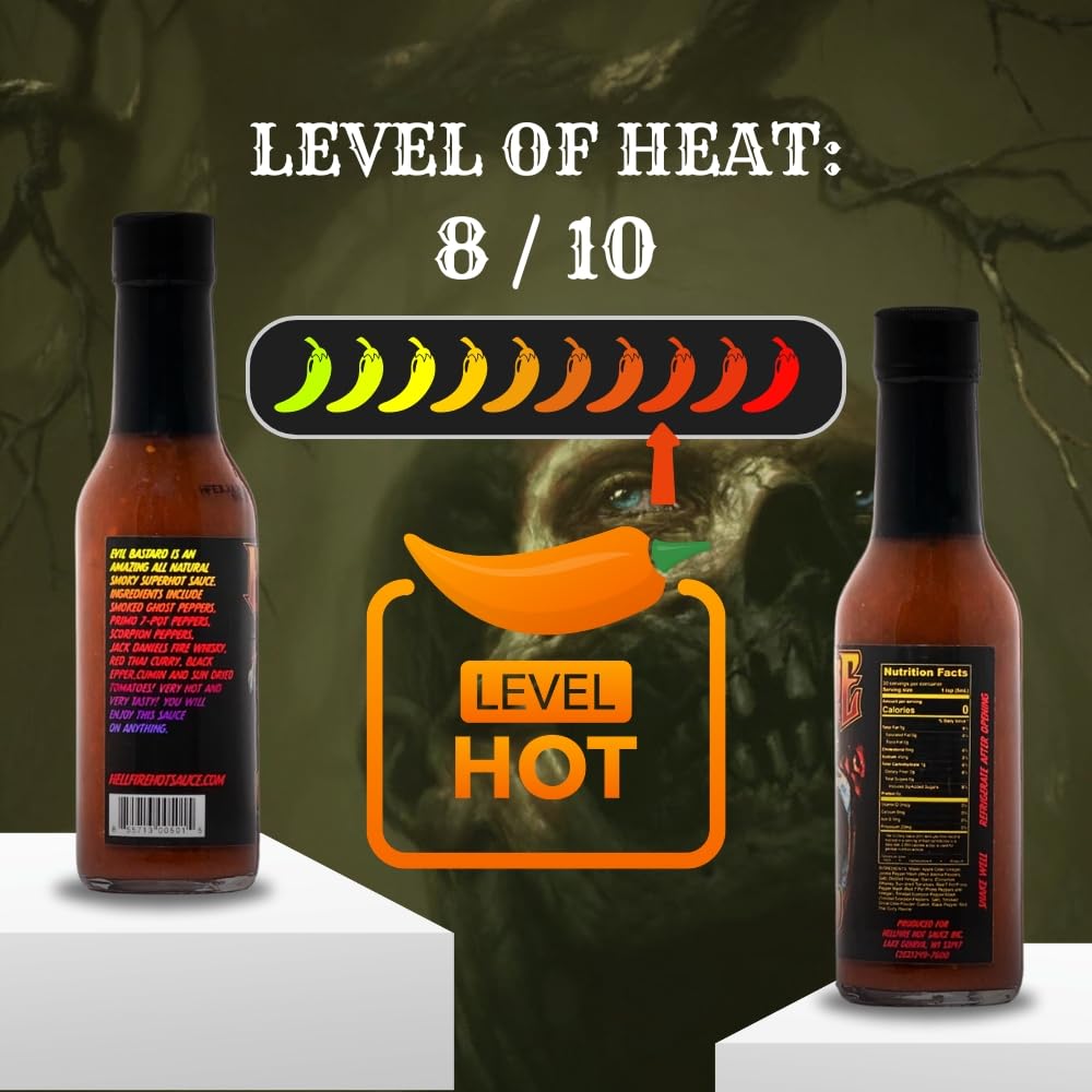 Hellfire Evil Bastard Hot Sauce, Gourmet, Smoky, Cinnamon Whiskey Infused Super Hot Sauce, 5 oz.