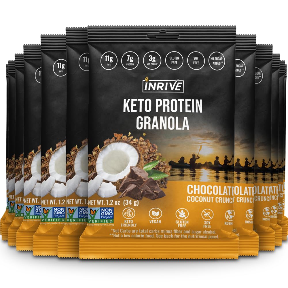 Inrive High Protein Chocolate Coconut Crunch Gluten Free Granola, Keto, Soy-Free, Kosher, No Added Sugar, Vegan, Non-GMO, 1.2 oz Snack Size, 12 Pack