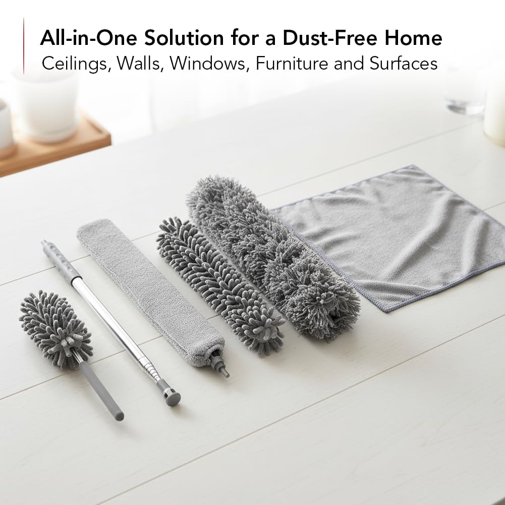 OVENTE Microfiber Duster Cleaning Set with Stainless Steel Extension Pole Up to 96", Washable, Reusable and Bendable Dusters for High Ceiling Fans