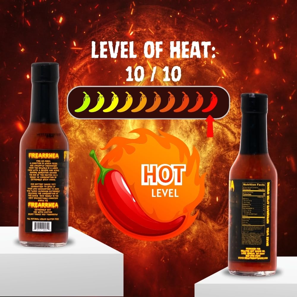 Hellfire Hot Sauce Firearrhea - Extreme Hot Sauce with the World’s Hottest Four Peppers, 5 oz.