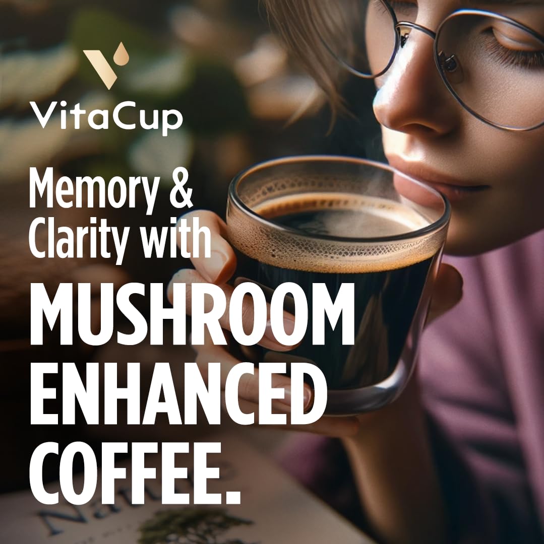 VitaCup Mushroom Coffee Grounds, with Lions Mane, Chaga, B Vitamins, D3, Boost Focus, Immunity, Memory & Clarity, Medium Dark Roast, 100% Arabica