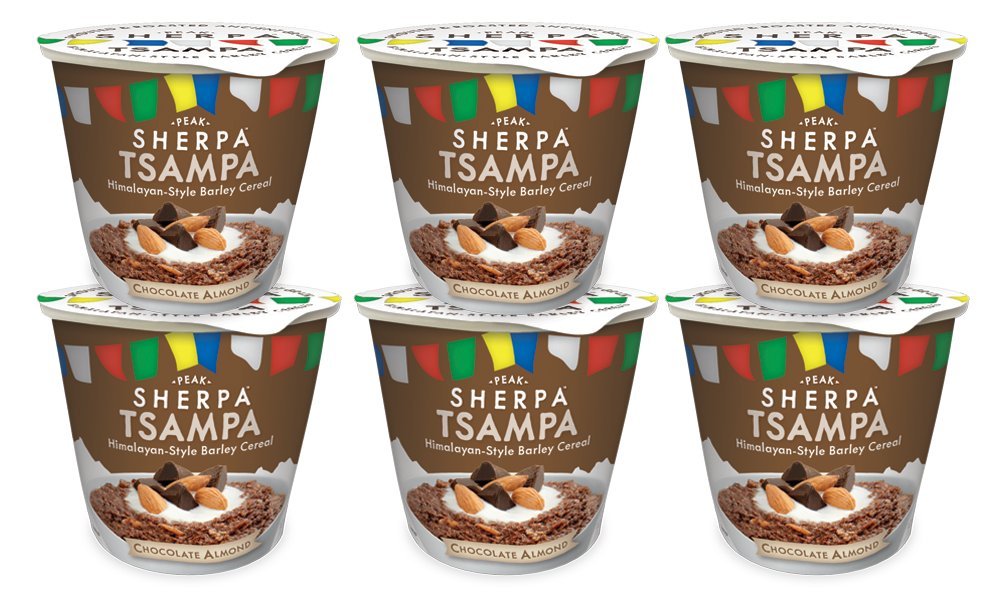 Peak Sherpa Tsampa Cereal Cup, Chocolate Almond Flavor, Pack of 6 Cereal Cups, Ready to Eat, Certified Organic, Sprouted & Roasted Whole Grain Roasted