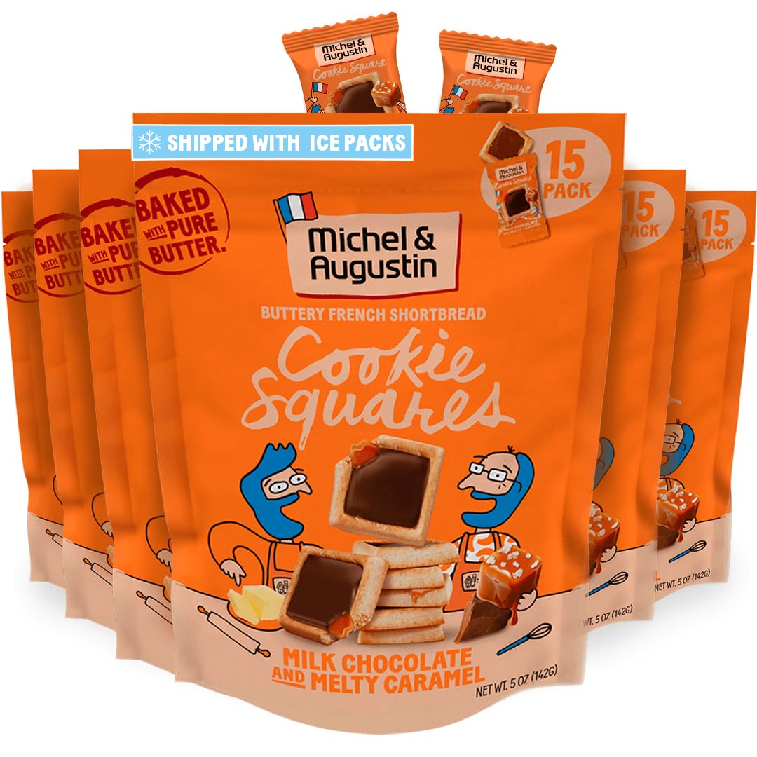 Michel et Augustin Cookies, Individually Wrapped Snacks, 6 Pack, Gourmet Milk Chocolate & Caramel Shortbread, 15 French Butter Cookies per bag (90