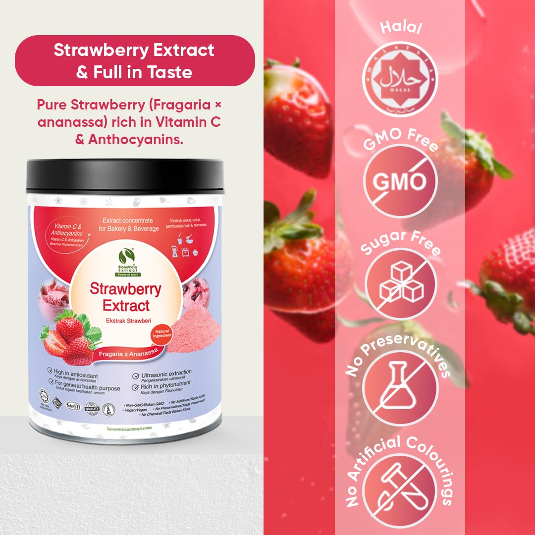 Bionutricia Strawberry Extract Powder 20:1 - No Sugar Added, Rich in Vitamin C & Antioxidants, Great for Smoothies, Baking & Drinks, Vegan, Non-GMO