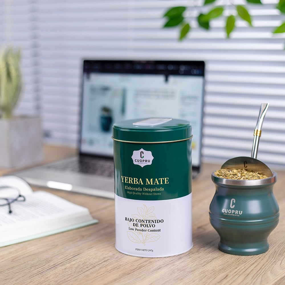Yerba Mate, CUOPRU Traditional Argentinian Mate Tea, Low Tea Powder, Original Leaves without Stems, Included Portable Storage Container(Green