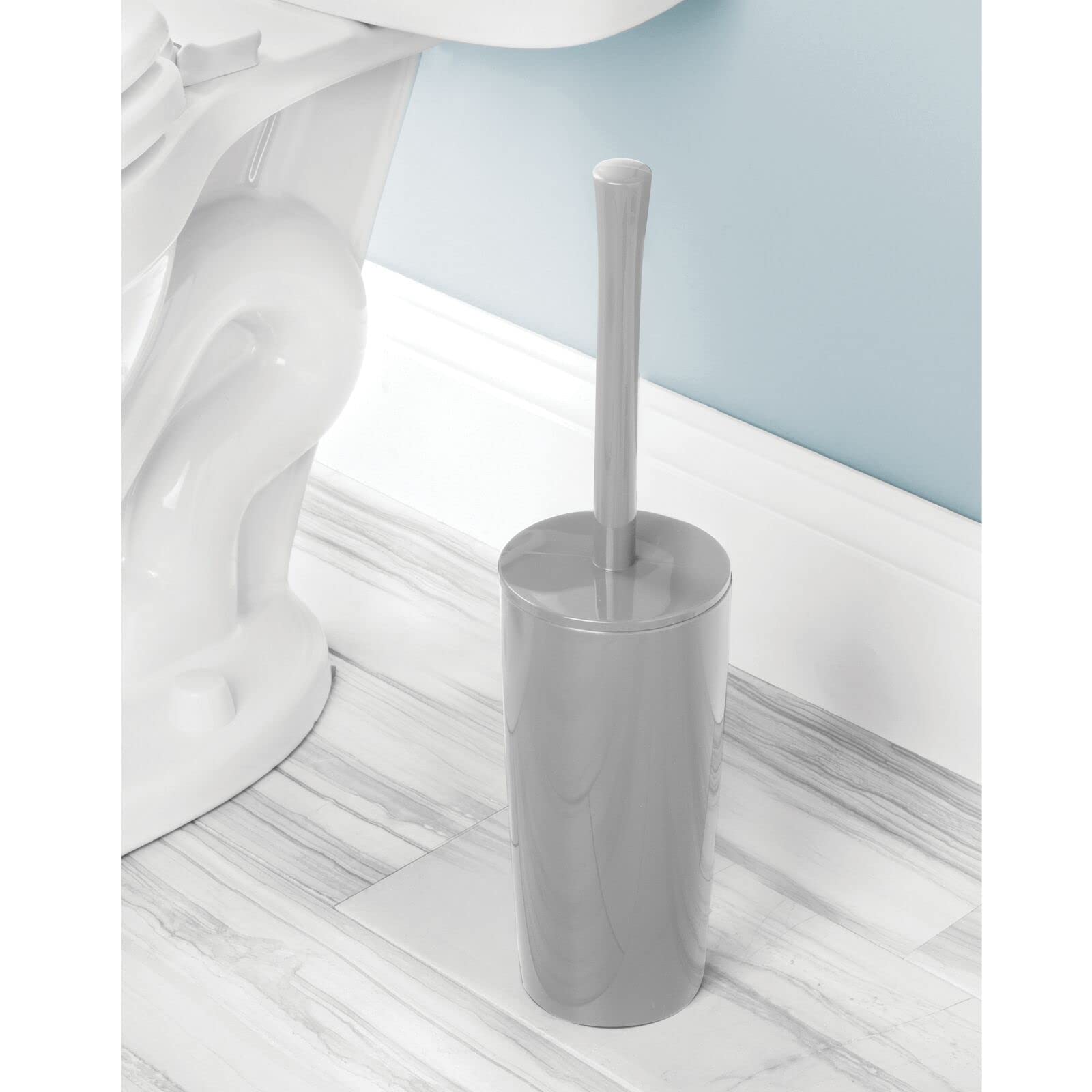 mDesign Slim Plastic Toilet Bowl Brush and Holder Set, Modern Compact Storage Organizer Cleaner Scrubber for Toilet - Heavy Duty Cleaning Plunger