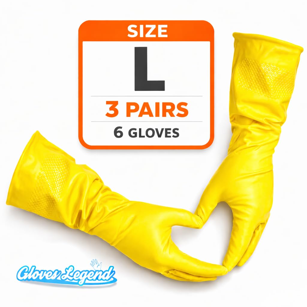 Size Large - 3 Pairs (6 Gloves) - Gloves Legend - Yellow Latex Household Kitchen Cleaning Dishwashing Reuseable Gloves