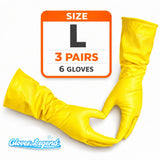 Size Large - 3 Pairs (6 Gloves) - Gloves Legend - Yellow Latex Household Kitchen Cleaning Dishwashing Reuseable Gloves