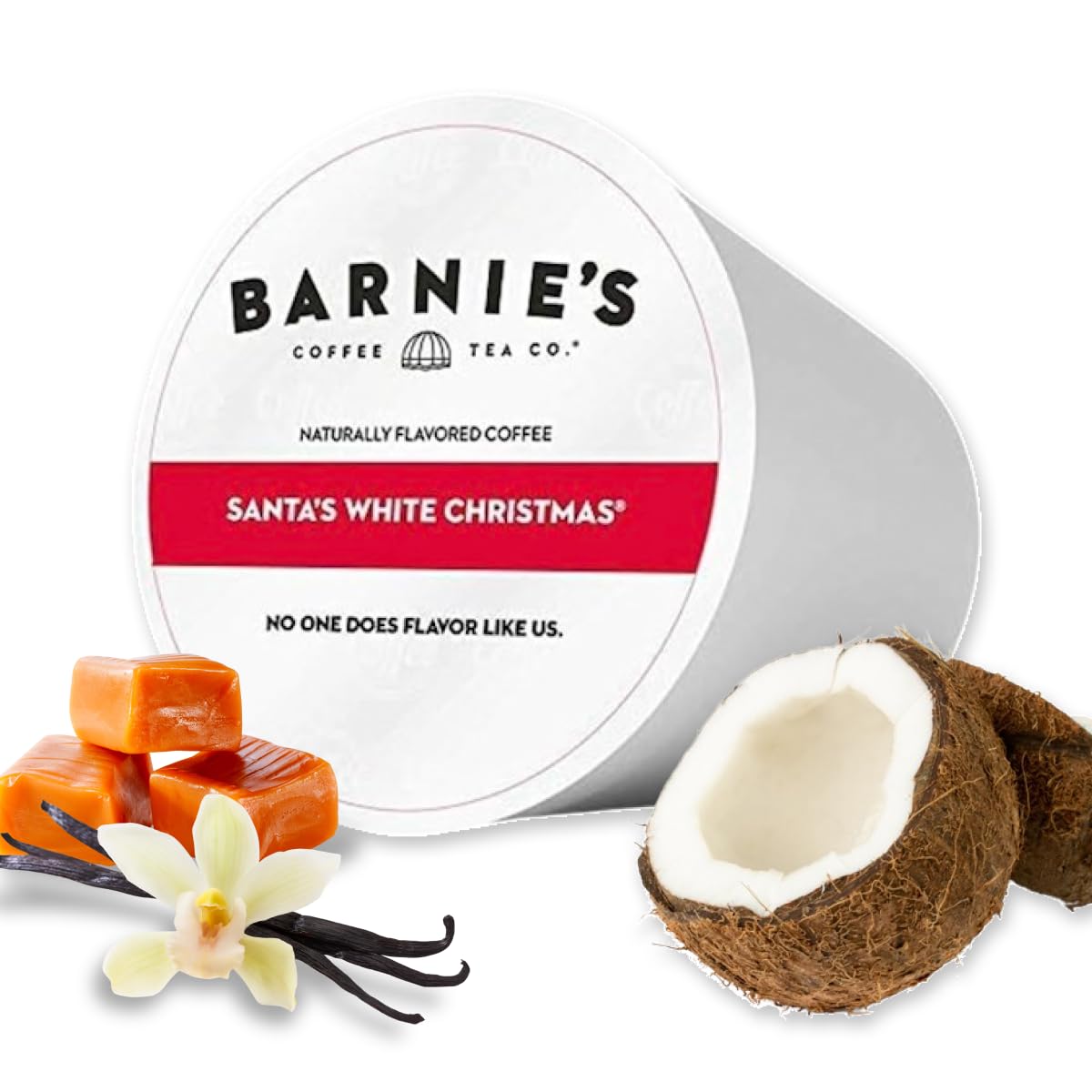 Barnie's Coffee Santa's White Christmas Single Serve Coffee Pods with Coconut, Vanilla, and Caramel Flavors, Medium Roast Arabica Coffee Beans