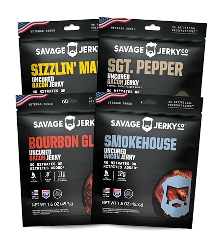 SAVAGE Bacon Jerky Variety - Sizzlin Maple, Bourbon Glaze, Smokehouse, Sgt. Pepper (Pack of 4) - Gluten Free, High Protein, Low Calorie