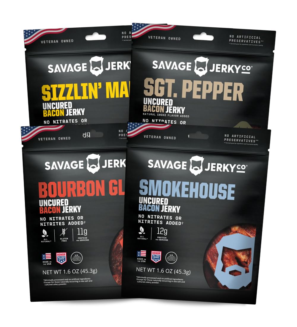 SAVAGE Bacon Jerky Variety - Sizzlin Maple, Bourbon Glaze, Smokehouse, Sgt. Pepper (Pack of 4) - Gluten Free, High Protein, Low Calorie