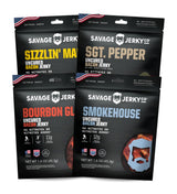 SAVAGE Bacon Jerky Variety - Sizzlin Maple, Bourbon Glaze, Smokehouse, Sgt. Pepper (Pack of 4) - Gluten Free, High Protein, Low Calorie
