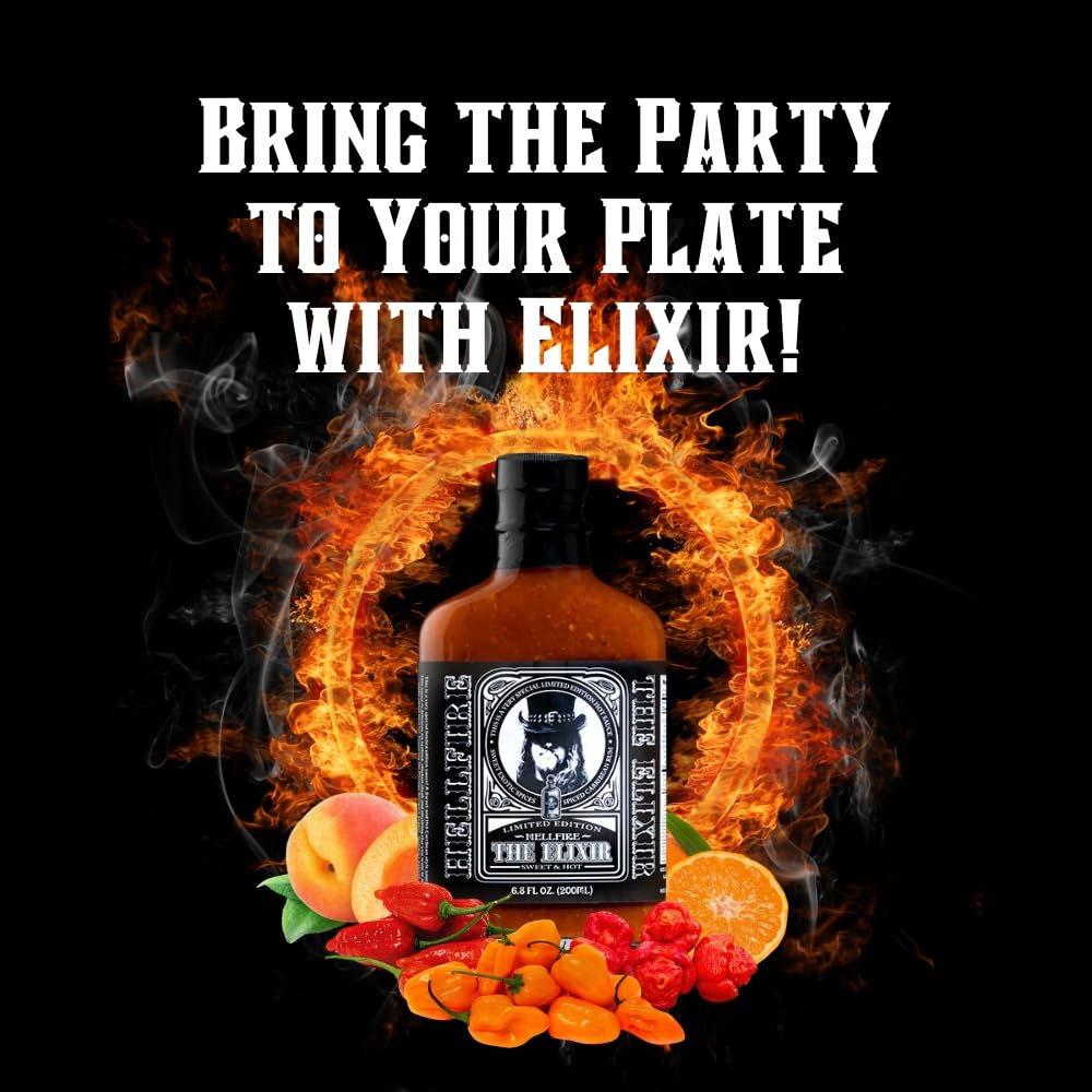 Hellfire The Elixir Hot Sauce, Gourmet, Award-Winning Fruit-Based Sauce, Made with Super Hot Peppers and Caribbean Spiced Rum, 5 oz.