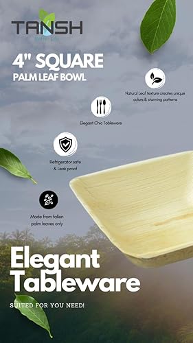 TANSH Compostable 4 Inch Palm Leaf (Areca) Square Bowls (50 Count), Biodegradable, Disposable, Eco-Friendly, Microwave & Oven Safe