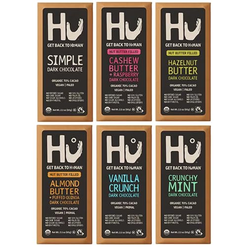 HU Dark Chocolate Bars Variety Pack, 6 Count - Simple, Cashew Buter Raspberry, Hazelnut Btr Almond Butter & Puffed Quinoa, Vanilla Crunch & Crunchy