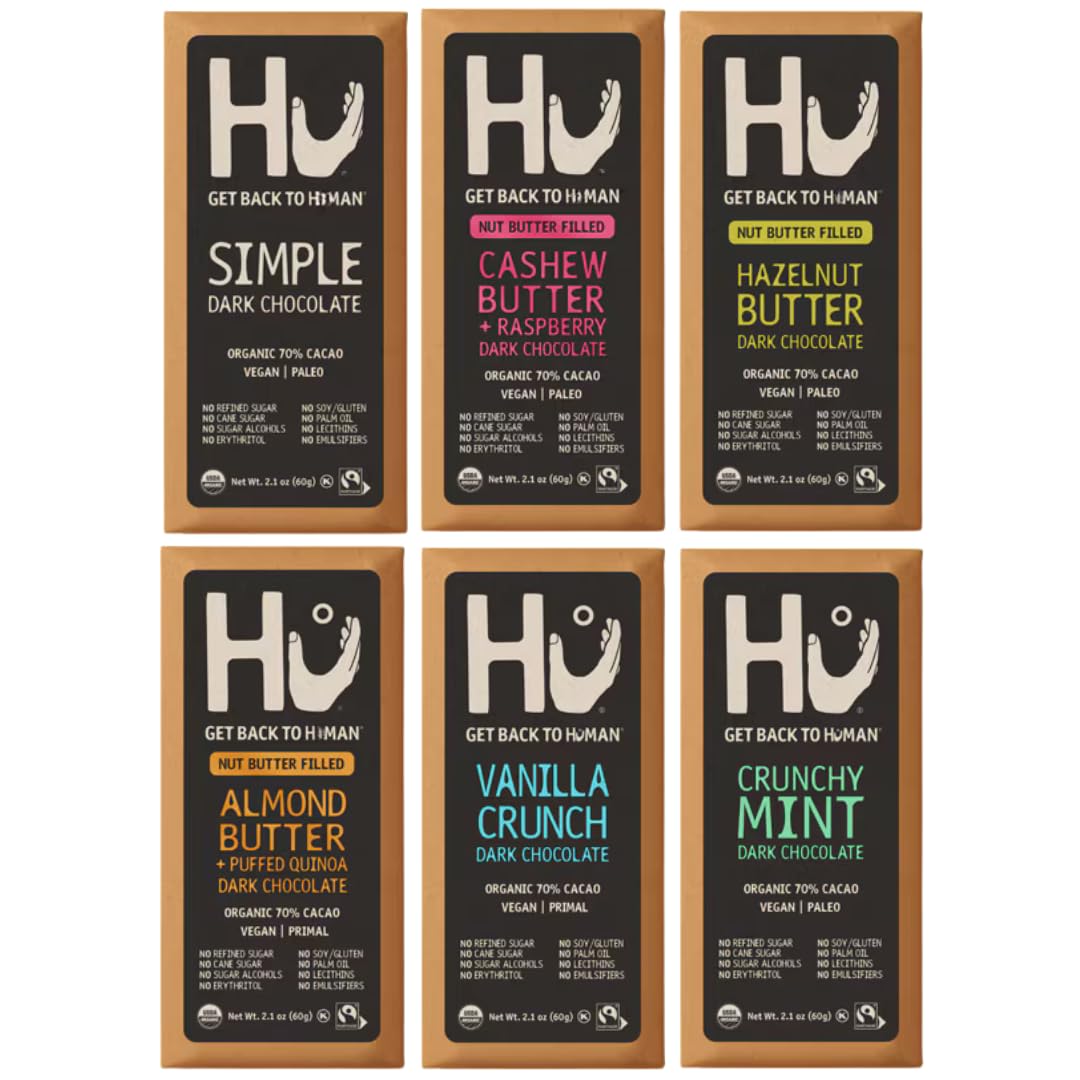 HU Dark Chocolate Bars Variety Pack, 6 Count - Simple, Cashew Buter Raspberry, Hazelnut Btr Almond Butter & Puffed Quinoa, Vanilla Crunch & Crunchy