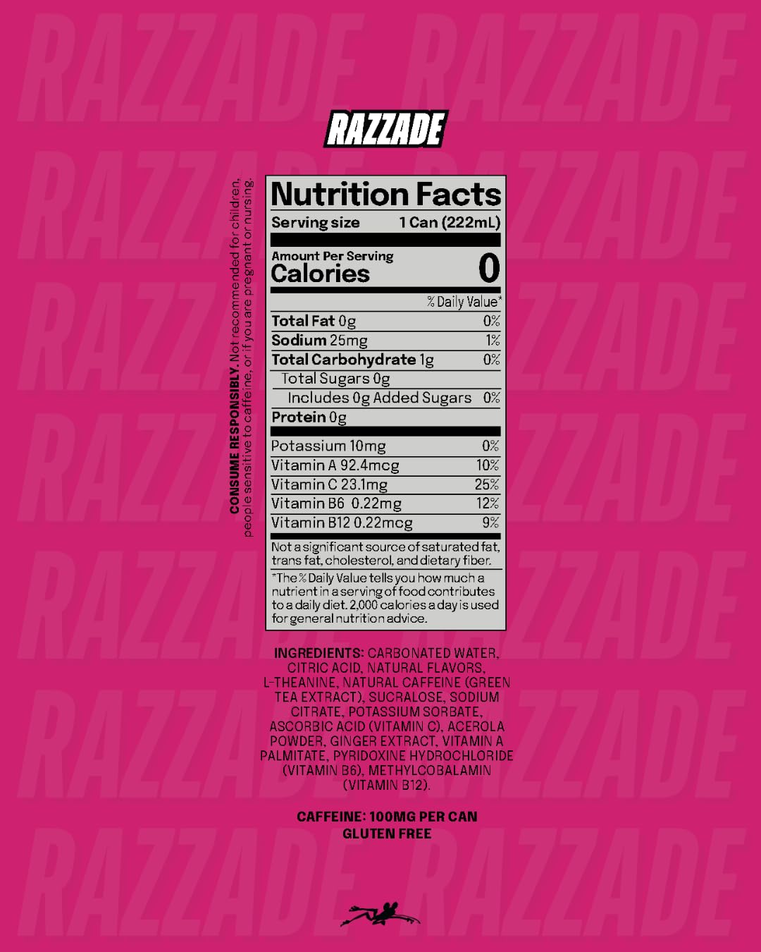 LICK Energy Drink - Razzade, No Sugar, No Crash, Green Tea Caffeine (100mg), with Ginger, Antioxidants and Vitamins A, B6, B12, and C, 7.5oz (6pk)