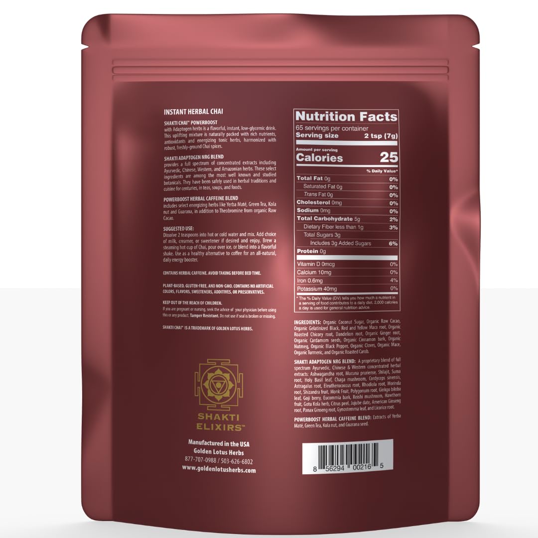 Shakti Chai Herbal Chai Mix - Maca & Superfood Blend | Spiced Chai Drink with Coconut Sugar, Cacao & Yerba Mate - 16 oz.