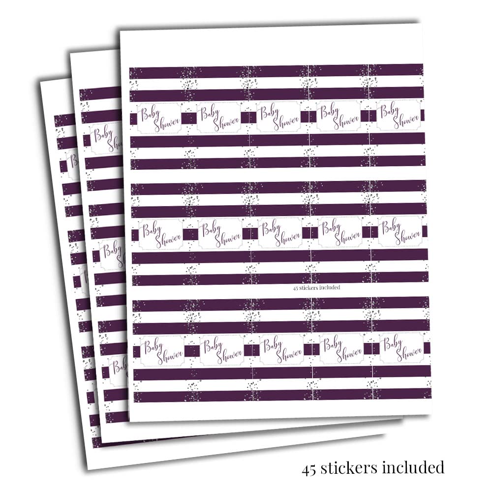 Amanda Creation Striped Purple & Silver Baby Sprinkle Baby Shower Mini Chocolate Candy Bar Sticker Wrappers, 45 1.4" x 2.6" Wrap Around Labels, Great