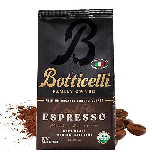 Botticelli Espresso Blend Ground CoffeeUSDA Organic, Medium Caffeine, Dark Roast 8.8oz