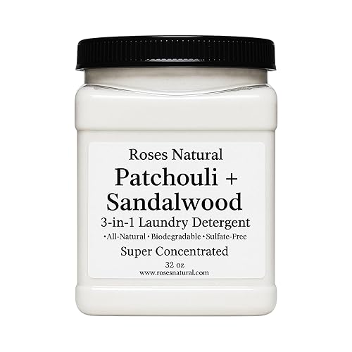 Roses Natural Patchouli + Sandalwood 3-in-1 Laundry Detergent Powder, 32 oz - Cleans, Softens & Removes Stains - Super Concentrated, All-Natural