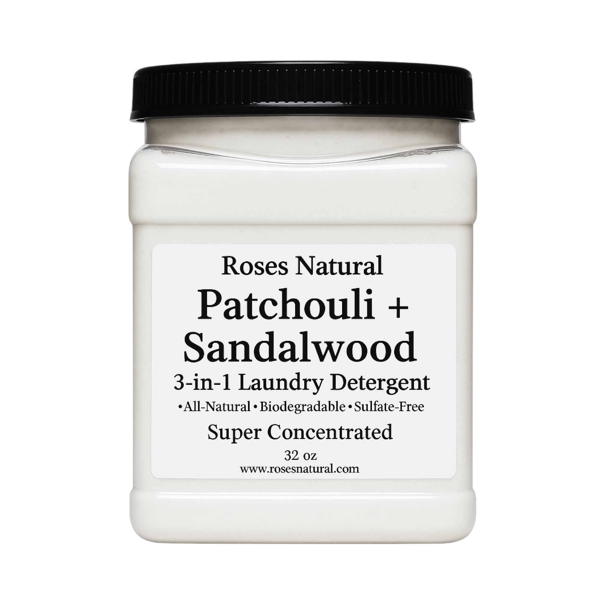 Roses Natural Patchouli + Sandalwood 3-in-1 Laundry Detergent Powder, 32 oz - Cleans, Softens & Removes Stains - Super Concentrated, All-Natural