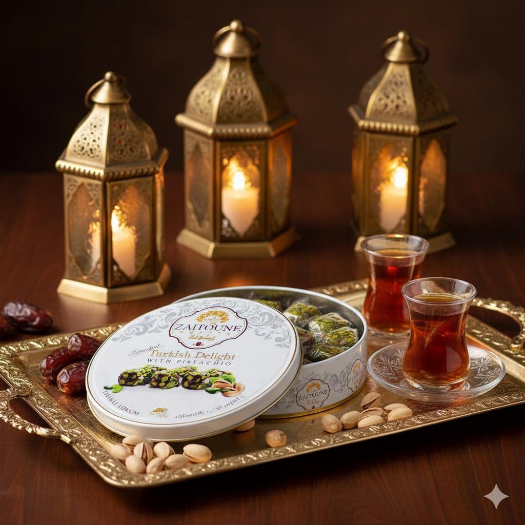 Zaitoune Pistachio Covered Turkish Delight - 0.55 lb | Lokum Stuffed with Nuts & Coated in Chopped Pistachios | Authentic Turkish Candy | Luxury Gift