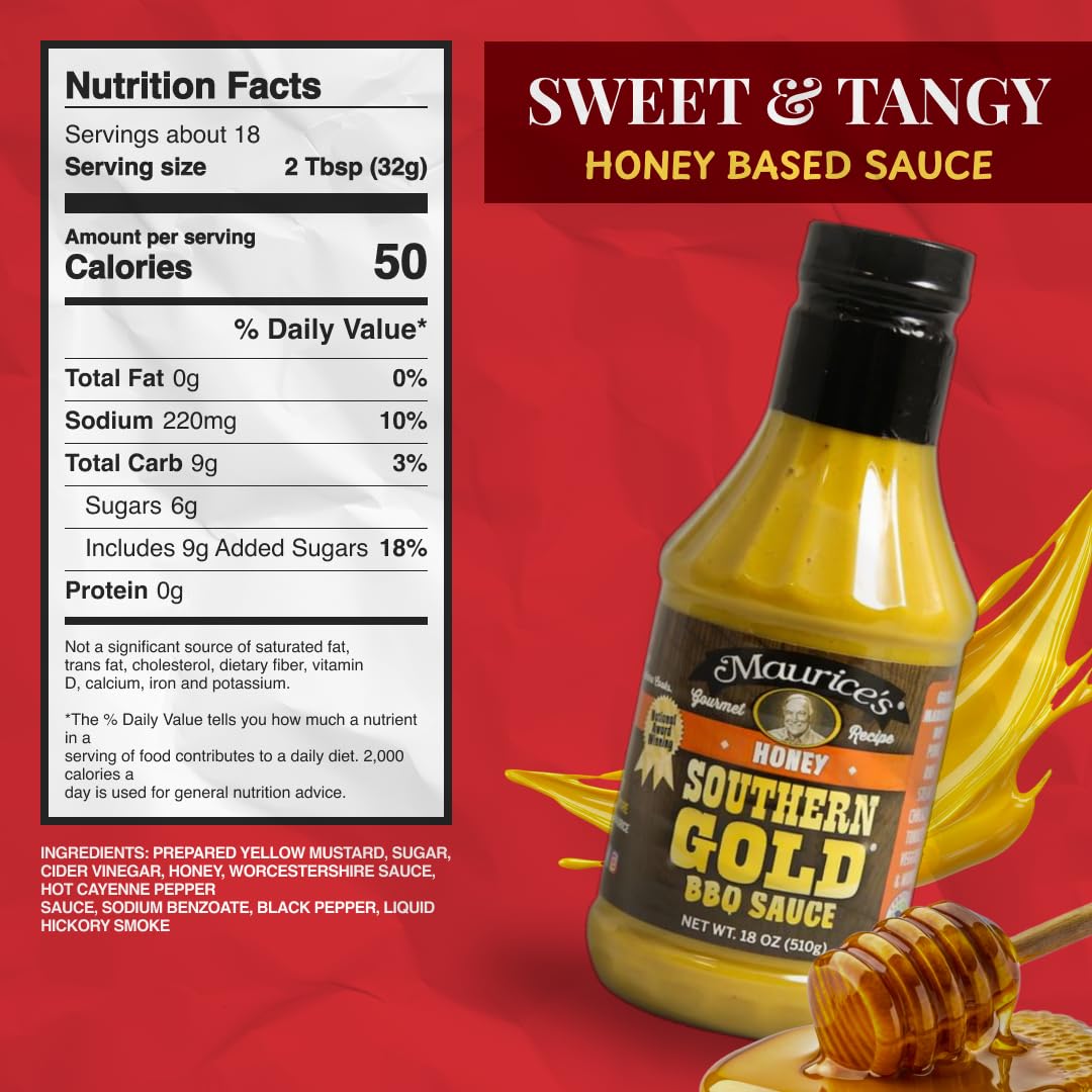 Maurice’s Southern Gold BBQ Sauce, Honey Flavor - Carolina Gold Barbecue Sauce with Sweet Flavor - Authentic Carolina Barbeque Dressing