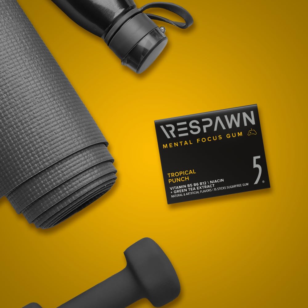 RESPAWN by 5 GUM Mental Focus Gum, Tropical Punch Sugar Free Chewing Gum, 15 Sticks