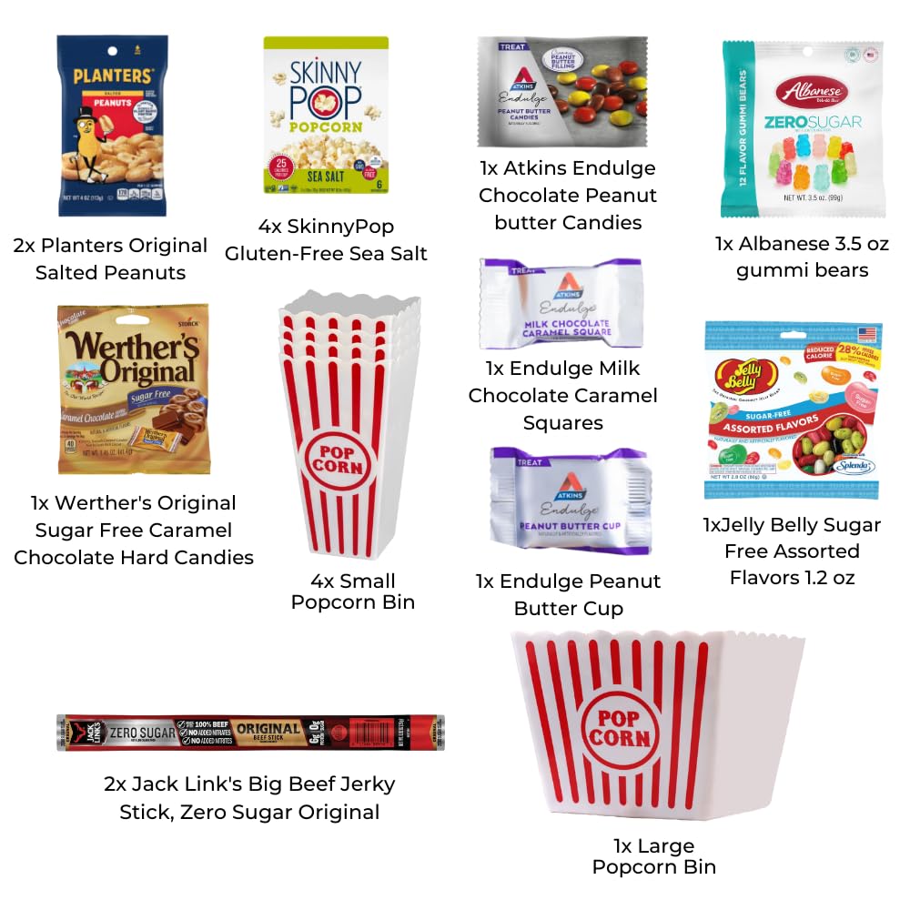 Movie Night Popcorn and Candy Gift Basket - Keto Cravings Gift Basket - Perfect for a Cozy and Fun Evening at Home or the Theater with Family