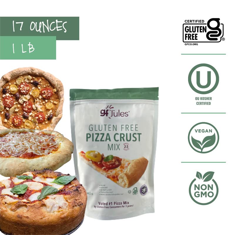 gfJules Certified Gluten Free Pizza Crust Mix | Deep Dish or Thin Crust | No Grit, Non-GMO, Vegan | Certified Top 9 Allergen-Free & Kosher | Makes two-three 12 in. Crusts | 17oz Pouch