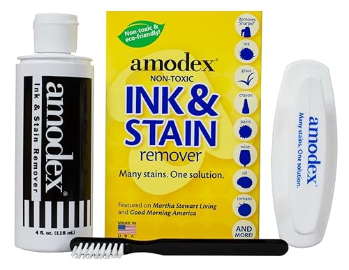 Amodex Ink & Stain Kit with Stain Remover Brushes, Removes Ink, Sharpie, Grease, Food and More, Safe and Effective on Clothes, Leather and Skin