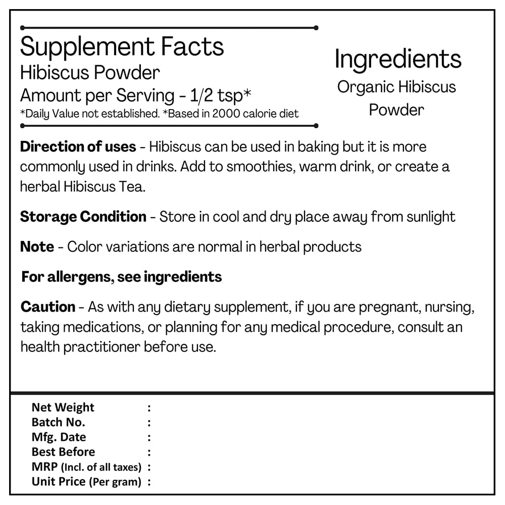 Just Jaivik 100% Organic Hibiscus Flower Powder (Hibiscus Sabdariffa) 1/2 LB, 08 oz, 227g USDA Certified Organic- Biodegradable Resealable Zip Lock
