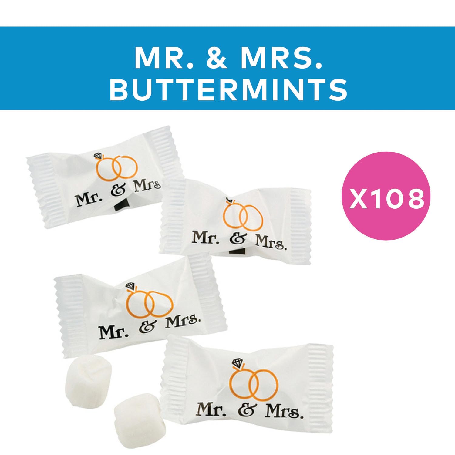 Fun Express Mr. & Mrs. Wedding Buttermints - 108 Individually Wrapped White Butter Mints for Wedding Favors, Bridal Shower & Reception Tables |