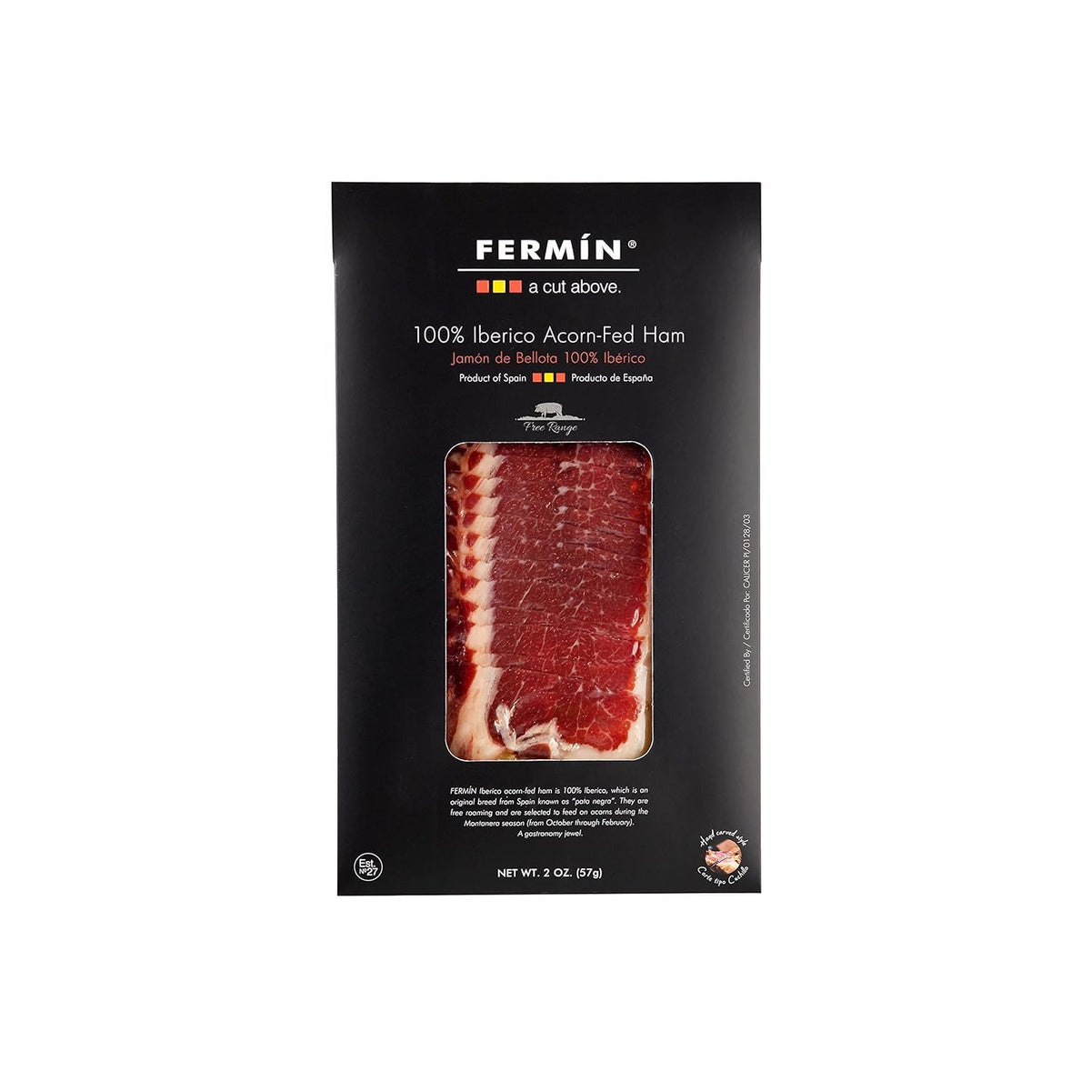 Fermin 100% Iberico Acorn-Fed Ham - Free-Range Jamón de Bellota (2 oz) | Hand-Sliced Style | Spanish Gourmet Cured Ham