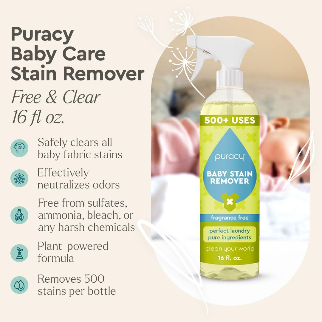 Puracy Stain Remover for Baby Clothes and Cloth Diapers, Newborn Baby Essentials Must Haves, Enzyme-Based Laundry Spray, Natural Spot and Odor