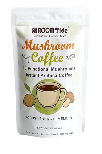 SHROOMTIDE Mushroom Coffee 200g Instant Arabica with 10 Functional Mushrooms - Lion’s Mane, Reishi, Chaga, Cordyceps. Natural Energy, Focus & Immunity