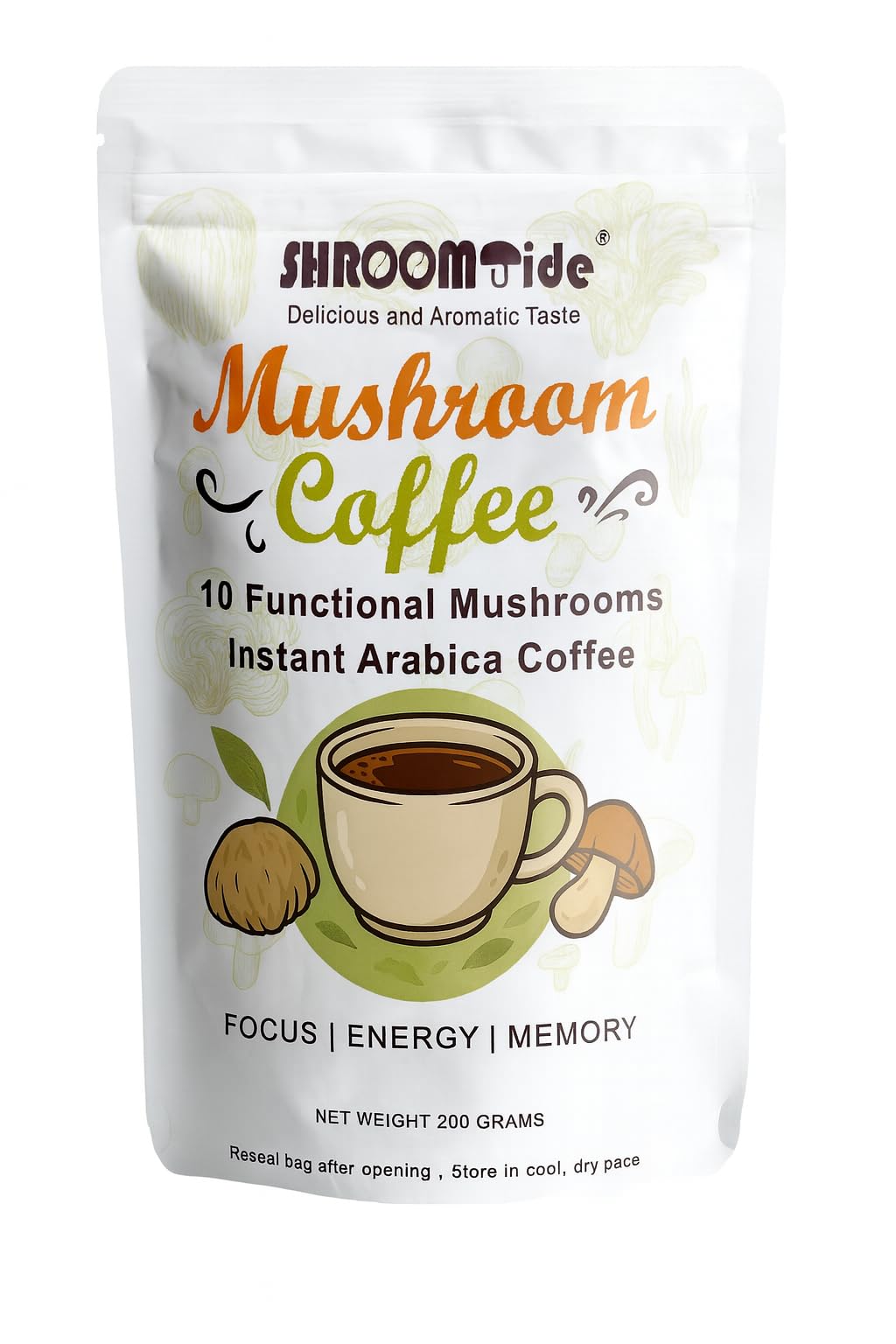 SHROOMTIDE Mushroom Coffee 200g Instant Arabica with 10 Functional Mushrooms - Lion’s Mane, Reishi, Chaga, Cordyceps. Natural Energy, Focus & Immunity