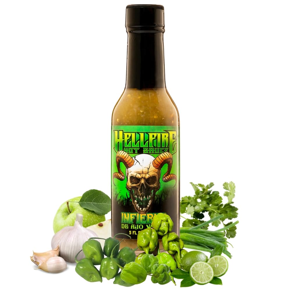 Hellfire Hot Sauce Infierno De Ajo Verde - Garlic Salsa Verde Gourmet Hot Sauce With Green Carolina Reaper Peppers, 5 oz.