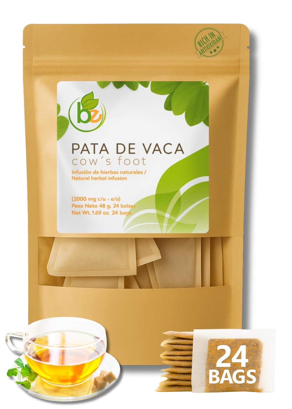 Pata de Vaca Tea (Cow’s Foot Tea) - 24 Tea Bags - 100% Natural Herbal Infusion - Organically Grown - Vegan, Non-GMO, Gluten-Free, Caffeine-Free
